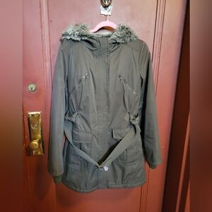 Kensie Women's Hinter Green Utility Jacket with Faux Fur Hood Size S